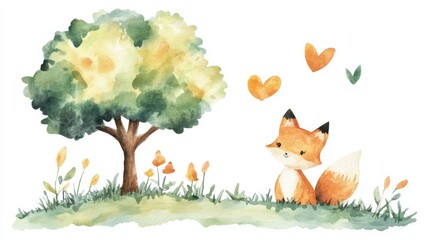 Watercolor Fox and Tree Illustration