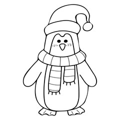 Penguin in Santa hat coloring book hand drawn. Animal in scarf. Northern bird. Happy holiday. Celebrating event. Vector line art illustration. Page for kids and adults.