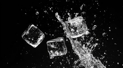 ice cubes with water particles splash in motion air, on black background for overlay, Generative Ai