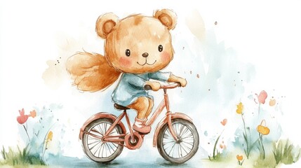 Cute Bear on Bicycle Watercolor Illustration