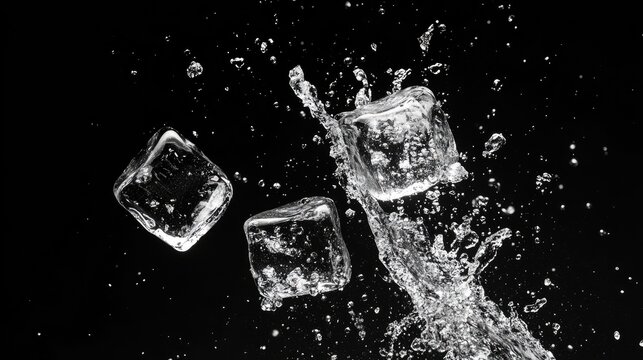 ice cubes with water particles splash in motion air, on black background for overlay, Generative Ai