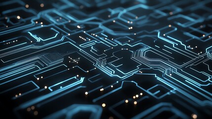 Futuristic circuit board with glowing lines and dots, depicting modern technology.