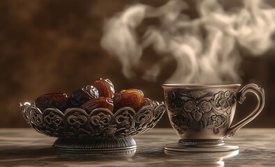 An artistic representation of dates and coffee in an ornate silver bowl, with steam rising from the cup against a soft brown background. 