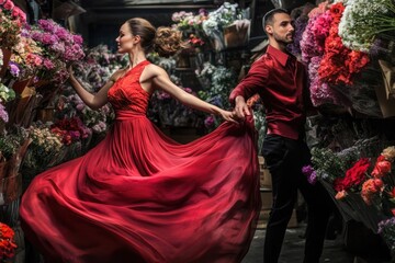 Fototapeta premium Dancers in a flower market embrace elegance during a lively evening performance