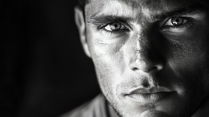 Obraz premium Black and white portrait of a man with intense eyes, looking directly at the camera.
