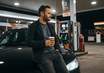 Driver enjoying a coffee break during a nighttime stop at a gas station