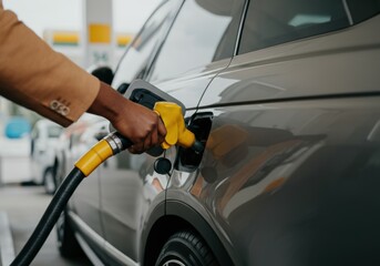 Businessman is refueling his car at a gas station, holding a yellow fuel pump nozzle