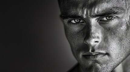 Obraz premium A black and white photo of a man looking intently at the camera.