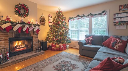 A cozy living room is decorated for the Christmas season. A fireplace crackles merrily, casting a warm glow on the festively decorated Christmas tree. An Advent calendar hangs on the wall