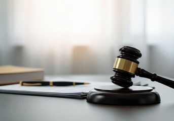 Wooden gavel resting on sound block, symbolizing justice and legal decisions, with documents and pen in the background