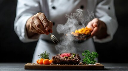 Chef Preparing Steak Under Dramatic Spotlight