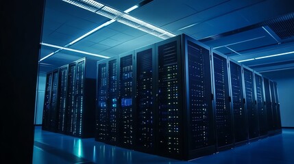 Fototapeta premium A server room with rows of servers lit with blue lights.