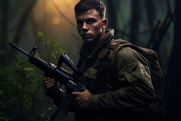 Fototapeta premium A soldier in camouflage stands alert in a lush forest, embodying bravery and determination. A man with a machine gun