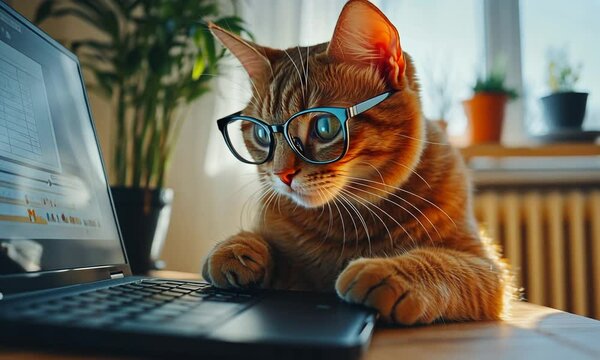 A cat wearing glasses curiously types on a laptop, embodying a humorous, studious vibe.