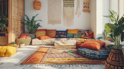 Bohemian Living Room Decor With Colorful Pillows And Plants