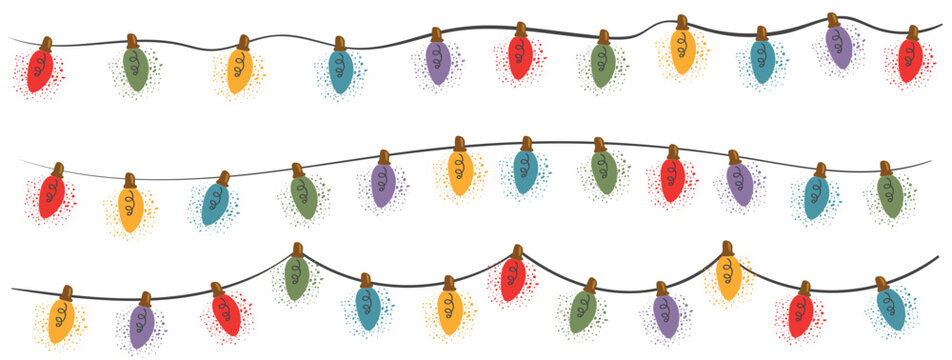 Set of Christmas garland in trendy groovy retro style. String of colorful holiday lights. Happy New year and Merry Christmas pattern. 70s Vibes groovy garland. Vector Illustration. For greeting card