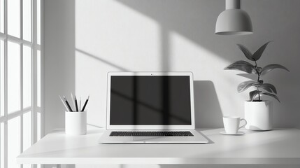 Fototapeta premium A black and white image of a home office desk with a laptop, lamp, and plants.