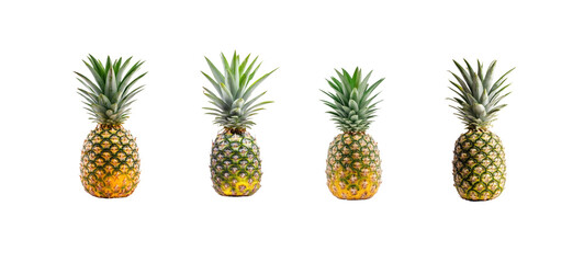 Fototapeta premium Fresh Pineapples in a Row with Green Leaves and Yellow Skin on transparent background