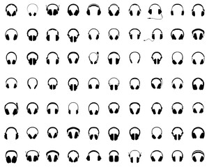 Big set of black silhouettes of headphones on a white background	