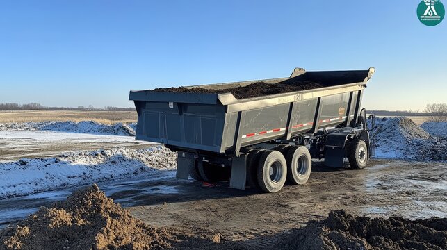 A dump trailer is parked at a construction site, ready to be filled with debris. With its hydraulic lift, it allows workers to easily unload materials, making cleanup