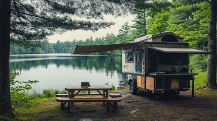 Obraz premium A family camper trailer sits parked by a scenic lake, equipped with all the essentials for a cozy outdoor experience. From a small kitchen to foldable beds,