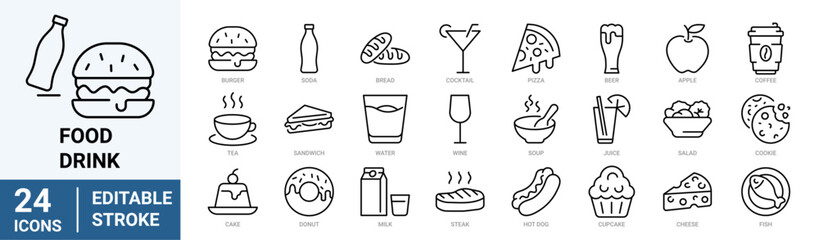 Food and drinks line web icons. Restaurant, Fast food. Burger, donut, pizza, ice cream, coffee. Editable stroke.