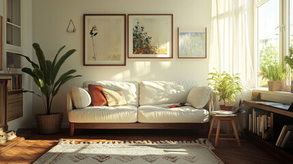 "Cozy and stylish living room interior design featuring a modular white sofa, wooden furniture, artwork on the walls, decorative items, a windowsill, and personal accessories. Perfect for home styling