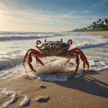 A crab scuttling along a sandy beach with waves crashing behind.