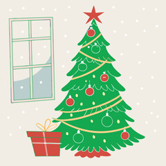 Christma Tree Concept In Winter With Many Gift Boxes