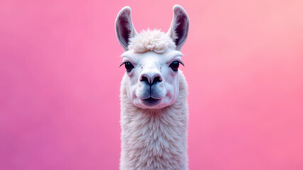 Fototapeta premium Portrait of a white llama against a pink gradient background