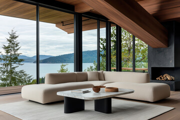 Fototapeta premium Spacious open concept living room featuring modern sofa, large windows, and stunning lake views. natural light enhances serene atmosphere, perfect for relaxation