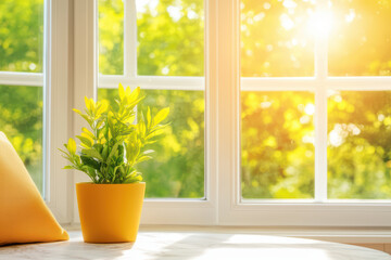 bright yellow plant in pot sits on windowsill, basking in warm sunlight. vibrant greenery contrasts beautifully with soft yellow cushion nearby, creating serene and inviting atmosphere