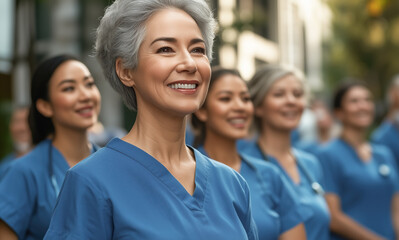 Fototapeta premium A group of nurses are smiling and wearing blue scrubs