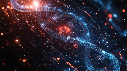 Obraz premium Glowing digital DNA helix, futuristic technology concept.