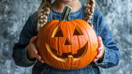 A child holding a carved Halloween pumpkin.