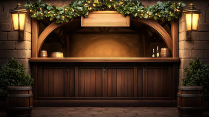 rustic wooden bar with ivy and warm lighting creates cozy atmosphere. Perfect for festive gatherings or intimate celebrations