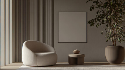 "3D rendering of a modern living room interior with a gray wall and an empty frame mockup for a poster. The scene includes a house background, showcasing minimalist design elements."

