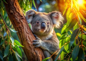 Obraz premium Candid Koala Moments: A Playful Koala Relaxing in a Tree Canopy Surrounded by Lush Greenery and Sunlight, Capturing the Essence of Australian Wildlife in Its Natural Habitat