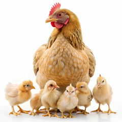 A mother hen with her chicks gathered around he