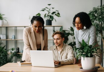 Business colleagues working together, analyzing data on a laptop in a plant-filled office