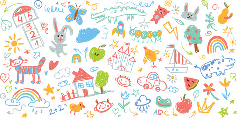 Set of baby doodles. Children funny drawings. Colored pencils scribbles made by a little kid. Hand drawn sketch. Repeating seamless pattern for your wallpaper or textile design. Vector illustration