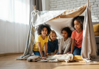 Four cheerful children having fun inside a homemade blanket fort in the living room