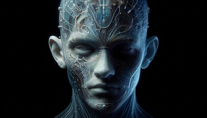 Obraz premium A close-up of a stylized human head in 3D, emphasizing textures, light reflections, and anatomical accuracy for conceptual design.