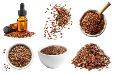 Flaxseed flax oil seeds seed nut fruit plant, many angles and view side pile stack group, essential oil, bowl, fly pieces, isolated on transparent cutout, PNG. Mockup template for design