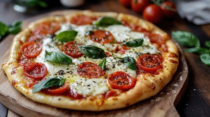 Delicious homemade pizza with mozzarella, cherry tomatoes, and basil on a wooden board.