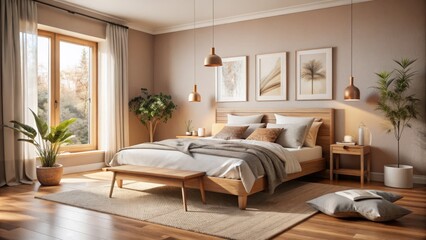 Fototapeta premium Minimalist Scandinavian Style Double Bedroom with Peach Walls and Artistic Decor for Product Photography Showcase