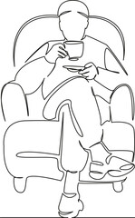 One continuous single drawing line art flat doodle man in chair drinking coffee, resting, break, taste. Isolated image hand draw contour on a white background, hand drawn, not AI