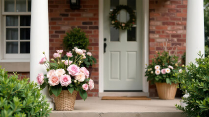 Charming floral porch with brick walls and pastel accents