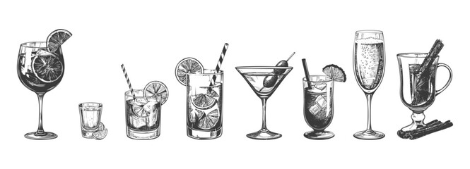 Engraving hand drawn cocktails collection. Hand drawn sketch set of alcoholic cocktails Vintage vector illustration
