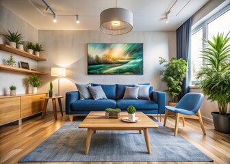 Modern Living Room with Blue Couch and Wooden Coffee Table, Featuring Plants and Artwork Against White Walls and Light Wood Furniture in a Stylish Setting